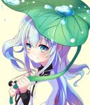  1girl blue_eyes blue_hair kyona_(konakona) leaf_umbrella noel_(sora_no_method) solo sora_no_method two_side_up 