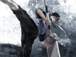  1boy bandage black_hair flak_jacket forehead_protector kicking kubikirihouchou male_focus momochi_zabuza naruto solo sword tagme weapon 