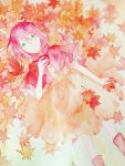  1girl akagami_no_shirayukihime apple capelet dress female food fruit gradient gradient_background green_eyes highres leaf lying on_back plant red_apple redhead shirayuki_(akagami_no_shirayukihime) solo traditional_media watercolor_(medium) 