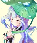  1girl blue_hair closed_eyes kyona_(konakona) leaf_umbrella noel_(sora_no_method) solo sora_no_method two_side_up 