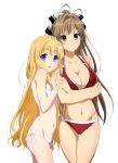  2girls absurdres ahoge amagi_brilliant_park bikini blonde_hair blue_eyes blush breasts brown_hair cleavage highres large_breasts latifa_fleuranza long_hair looking_at_viewer multiple_girls navel o-ring_bikini o-ring_bottom o-ring_top open_mouth ponytail red_bikini sento_isuzu shiny shiny_hair shiny_skin side-tie_bikini swimsuit white_background white_bikini white_swimsuit yellow_eyes 