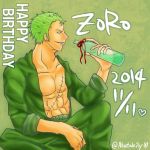  10s 1boy 2014 birthday bottle green_hair male_focus one-eyed one_piece robe roronoa_zoro sheathed_sword sitting solo 