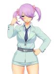  1girl belt blush female hair_over_one_eye hand_on_hip ootori_miou purple_hair sabagebu! shiwashiwa_no_kinchakubukuru shorts simple_background solo twintails white_background 