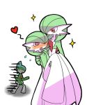  blush carrying gallade gardevoir green_hair heart heart-shaped_pupils no_humans open_mouth pokemon princess_carry red_eyes short_hair smile symbol-shaped_pupils 