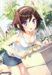  1girl :d bare_shoulders bent_over blush breasts brown_hair building collarbone denim_skirt downblouse drinking_fountain dutch_angle hairband kami_nomi_zo_shiru_sekai kantoku looking_at_viewer midriff no_bra open_mouth short_hair skirt small_breasts smile solo sweat swing takahara_ayumi violet_eyes water 