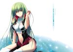  1girl adjusting_hair blush c.c. code_geass cover crop_top doujinshi green_hair long_hair midriff navel see-through sitting sleeveless sleeveless_turtleneck solo submerged thigh-highs thighs translation_request turtleneck water wet white_legwear yellow_eyes zinno 