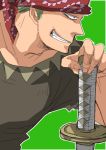  1boy bandanna green_hair one_piece one_piece:_strong_world roronoa_zoro sword v-neck weapon yagi2024 