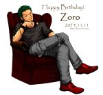  10s 1boy 2014 birthday chair character_name earrings green_hair jewelry male_focus one_piece red_shoes red_upholstery roronoa_zoro shoes sitting solo thigh_strap 