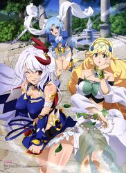  3girls :o absurdres blonde_hair blue_eyes blue_hair blush breasts detached_sleeves eleonora_viltaria erect_nipples girls_mate green_eyes hand_on_own_cheek highres large_breasts leaf long_hair ludmila_lourie madan_no_ou_to_vanadis midriff multiple_girls official_art one_eye_closed open_mouth panties red_eyes short_hair silver_hair sky sofya_obertas underwear very_long_hair yoshida_yuuichi 