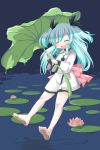  1girl barefoot blue_hair closed_eyes flower koharuko_(khrkhrk) leaf_umbrella lily_pad lotus noel_(sora_no_method) open_mouth ripples solo sora_no_method two_side_up water 