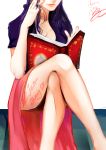  1girl 8chinchin blue_shirt book breasts center_opening cleavage highres jewelry legs legs_crossed lips long_hair nico_robin one_piece open_book open_clothes open_shirt pink_skirt purple_hair reading ring sarong shirt short_sleeves simple_background sitting skirt white_background 