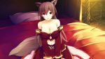  1girl animal_ears bare_shoulders bed blush breasts brown_hair cccpo cleavage fox_ears game_cg large_breasts long_hair looking_at_viewer navel pillow red_eyes sekai_wo_sukuu_dake_no_kantan_na_oshigoto sitting solo tail 