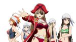  5girls amagi_brilliant_park bikini breasts brown_eyes brown_hair cleavage eyepatch hat jacket koborii_(amaburi) large_breasts long_hair long_sleeves looking_at_viewer multiple_girls muse_(amaburi) navel open_clothes open_jacket pirate pirate_hat red_bikini red_jacket salama_(amaburi) sento_isuzu short_hair simple_background standing swimsuit sword sylphy_(amaburi) weapon white_background yellow_eyes 