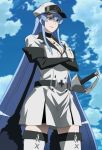  1girl akame_ga_kill! blue_eyes blue_hair breasts clouds crossed_arms esdeath hat highres large_breasts long_hair smile solo standing stitched sword tattoo uniform weapon 