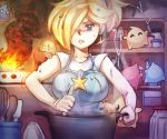  1girl apron artist_request blonde_hair blush chiko_(mario) closed_eyes cooking fire hair_over_one_eye lips super_mario_bros. ponytail rosetta_(mario) super_mario_bros. super_mario_galaxy 