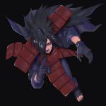  1boy armor black_background black_hair corpse edo_tensei from_above gloves hair_over_one_eye highres long_hair looking_at_viewer male_focus naruto naruto_shippuuden ninja rinnegan sandals satou_(yoshida6565) serious simple_background solo spiky_hair uchiha_madara uchiha_madara_(edo_tensei) violet_eyes 