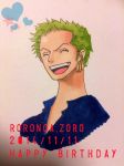  10s 1boy 2014 birthday character_name dated earrings green_hair jewelry one_piece open_mouth roronoa_zoro smile solo 