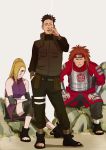  1girl 2boys akimichi_chouji armor black_hair blonde_hair brown_hair cigarette facial_mark flak_jacket hair_over_one_eye looking_at_viewer ma2 multiple_boys nara_shikamaru naruto sitting smoke smoking standing yamanaka_ino 