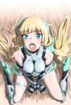  1girl angela_balzac aqua_eyes bare_shoulders blonde_hair blush bodysuit boots breasts breathing from_above headgear heart heart-shaped_pupils large_breasts leotard long_hair looking_at_viewer open_mouth rakuen_tsuihou sitting solo sowwa symbol-shaped_pupils tongue tongue_out twintails very_long_hair wariza 