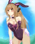  1girl amagi_brilliant_park animal_ears bare_shoulders blush bow bowtie breasts brown_hair bunny_girl bunnysuit cleavage covered_navel detached_collar facu10mag female fishnet_pantyhose fishnets gloves hair_ornament hair_ribbon highres large_breasts leotard long_hair pantyhose ponytail rabbit_ears ribbon sento_isuzu solo standing thighs yellow_eyes 