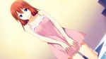  1girl bed blue_eyes blush breasts cccpo collarbone dress game_cg kneeling legs looking_at_viewer redhead sekai_wo_sukuu_dake_no_kantan_na_oshigoto short_hair smile socks solo thighs 