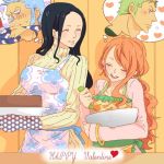  2boys 2girls apron bowl floral_print franky heart hetero lowres multiple_boys multiple_girls nami_(one_piece) nico_robin one_piece orange_hair ponytail roronoa_zoro sweater thought_bubble valentine 