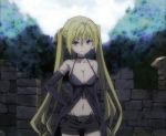  1girl bare_shoulders blonde_hair breasts cleavage gloves hands_on_hips large_breasts lieselotte_sherlock long_hair looking_at_viewer navel screencap shorts smile solo trinity_seven twintails very_long_hair violet_eyes 