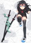  1girl arm_support ayase_tamaki black_hair black_legwear black_skirt blue_eyes closed_mouth expressionless female long_hair looking_at_viewer original school_uniform serafuku sitting skirt solo thigh-highs zettai_ryouiki 