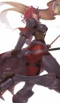  1girl armor ass banner from_below hildegard_von_krone knight lips looking_at_viewer mole polearm redhead skin_tight solo soul_calibur soulcalibur_v souma_kira sword violet_eyes weapon 