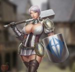  1girl armor blue_eyes breasts cleavage curvy dark_blood_online garter_belt knight large_breasts lavender_hair leg_strap looking_at_viewer lvl_(sentrythe2310) mace shield short_hair smile solo thigh-highs warrior weapon wide_hips 