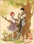  1boy 1girl akagami_no_shirayukihime basket bird black_hair book boots bottle bracer carrying eggplant finger_perch gloves jar leaning obi_(akagami_no_shirayukihime) paper pharmacist plant redhead scarf scroll shirayuki_(akagami_no_shirayukihime) skirt tree vegetable vest vial 