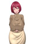  1girl black_eyes breast_hold breasts erect_nipples female huge_breasts lips lipstick long_skirt makeup milf mole naito_(artist) original redhead short_hair simple_background skirt smile solo sweater white_background 