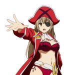  1girl amagi_brilliant_park bikini breasts brown_eyes brown_hair cleavage eyepatch hat jacket large_breasts long_hair long_sleeves navel open_clothes open_jacket pirate pirate_hat red_bikini red_jacket sento_isuzu simple_background solo standing swimsuit sword weapon white_background yellow_eyes 