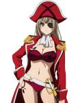  1girl amagi_brilliant_park bikini breasts brown_eyes brown_hair cleavage eyepatch hat highres jacket large_breasts long_hair long_sleeves looking_at_viewer navel open_clothes open_jacket pirate pirate_hat red_bikini red_jacket sento_isuzu simple_background solo standing swimsuit sword thighs weapon white_background yellow_eyes 