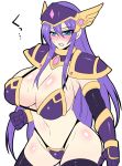  1girl armor bikini_armor blush breasts helmet huge_breasts long_hair glasses_man purple_hair 