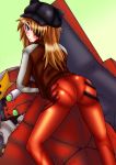  1girl animal_hat ass ayu_minori blue_eyes blush bodysuit cat_hat evangelion:_3.0_you_can_(not)_redo eyepatch from_behind hat long_hair looking_at_viewer looking_back mecha neon_genesis_evangelion orange_hair plugsuit rebuild_of_evangelion solo souryuu_asuka_langley track_jacket 