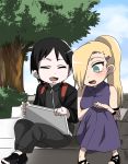  black_hair blonde_hair blue_sky blush chibi closed_eyes couple drawing_pad hair_ornament hair_over_one_eye hairclip hidakaku husband_and_wife long_skirt naruto naruto_shippuuden open_mouth pale_skin ponytail sai sandals sitting skirt sky sleeveless stairs tree yamanaka_ino 