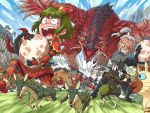  2boys 2girls angry blue_eyes blue_sky blush bullfango capcom clenched_teeth clouds egg felyne green_hair hoby kelbi melynx monster monster_hunter multiple_boys multiple_girls open_mouth outdoors rathalos running scared sky sweat sword tagme tears teeth teostra_(armor) velociprey weapon white_hair wings yian_kut-ku_(armor) 