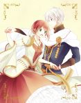  1boy 1girl akagami_no_shirayukihime belt blonde_hair cape couple dancing dress earrings formal green_eyes hair_bun hand_holding jewelry necklace prince red_dress redhead shirayuki_(akagami_no_shirayukihime) smile zen_wistalia 