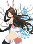 1girl agnes_oblige animal_ears ass back bare_shoulders black_gloves blush bow bravely_default:_flying_fairy bravely_default_(series) breasts brown_eyes brown_hair bunny_tail bunnysuit elbow_gloves fake_animal_ears gloves hairband kabosu leotard long_hair looking_at_viewer looking_back open_mouth rabbit_ears sideboob solo tail thigh-highs very_long_hair 