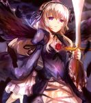  1girl dress gothic_lolita hairband hizagawa_rau lolita_fashion long_hair rozen_maiden silver_hair solo suigintou sword violet_eyes weapon wings 