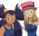  2girls blonde_hair blue_eyes brown_eyes dark_skin hair_ornament hat iris_(pokemon) long_hair multiple_girls pokemon pokemon_(anime) purple_hair serena_(pokemon) smile swimsuit tentoku 