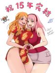  2girls asymmetrical_docking bare_shoulders blush breast_press breasts crossover curvy dress earrings facial_mark female forehead_mark green_eyes haruno_sakura huge_breasts jewelry large_breasts long_hair mikanberry multiple_girls nami_(one_piece) naruto one_piece orange_hair pink_hair red_eyes simple_background skirt smile text translation_request wide_hips wink 