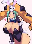  1girl animal_ears aqua_hair bare_shoulders black_gloves breasts bunny_girl bunny_tail bunnysuit cerebella_(skullgirls) cleavage curvy elbow_gloves female gloves hat huge_breasts leotard glasses_man rabbit_ears short_hair simple_background skullgirls smile solo standing tail tattoo violet_eyes 