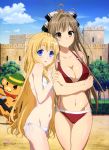  &gt;:( 2girls absurdres amagi_brilliant_park antenna_hair bikini blonde_hair blue_eyes blush breast_lift breasts brown_eyes brown_hair cleavage clouds d: flat_chest girls_mate highres latifa_fleuranza long_hair moffle multiple_girls navel o-ring_bottom o-ring_top official_art open_mouth out_of_frame red_bikini sento_isuzu side-tie_bikini sky swimsuit tareme ueno_chiyoko very_long_hair 