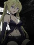  1girl bent_knees blonde_hair boots breasts choker cleavage elbow_gloves gloves indoors large_breasts lieselotte_sherlock long_hair looking_down midriff navel open_mouth screencap shorts sitting sitting_on_floor thigh-highs thigh_boots trinity_seven twintails violet_eyes window 