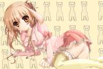  1girl animal_ears blush bow breasts brown_eyes brown_hair dress heart highres large_breasts lolita_fashion lying nekogoya original panties pantyshot pink_dress rabbit_ears ribbon short_hair simple_background sleeves_past_wrists solo sweet_lolita thigh-highs twintails underwear 