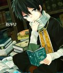 1boy akagami_no_shirayukihime black_hair blue_eyes book bookshelf child cowl_neck_scarf pharmacist reading ryuu_(akagami_no_shirayukihime) scarf shelf sitting uniform 