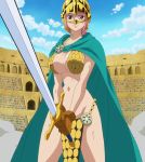  1girl armor bikini_armor breasts brown_eyes cape cleavage clouds dressrosa female gladiator gloves helmet large_breasts looking_at_viewer navel one_piece pink_hair rebecca_(one_piece) screencap solo standing stitched sword under_boob weapon 