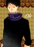  1boy akagami_no_shirayukihime black_hair black_shirt character_name cowl_neck_scarf hand_in_pocket highres obi_(akagami_no_shirayukihime) scar scarf shirt sleeves_rolled_up smirk 